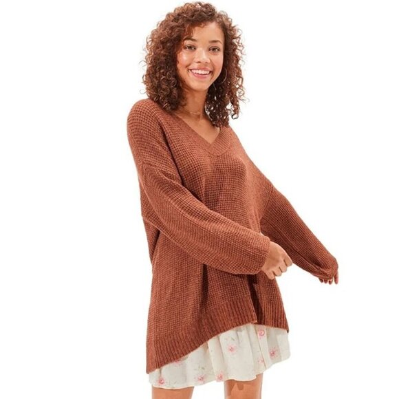 American Eagle Outfitters Brown V-Neck Oversized Sweater Knit Texture Size Small - Picture 1 of 6